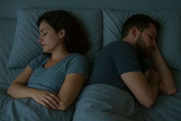 Le couple dort dos à dos, les bras croisés, l’ambiance est tendue.
