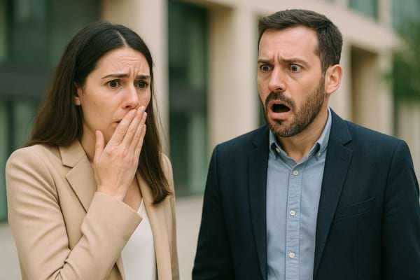 Le couple semble choqué et inquiet, la femme a la main devant la bouche.