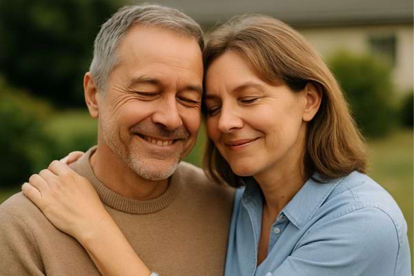 Un couple s’enlace tendrement à l’extérieur.