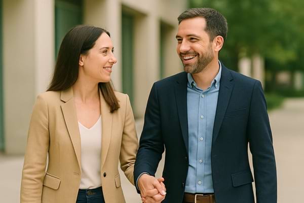 Un homme et une femme bien habillés marchent main dans la main en souriant.