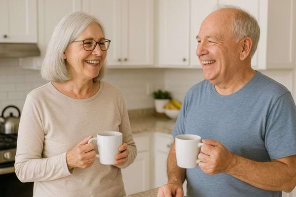 Le couple discute calmement en buvant un café à la cuisine.