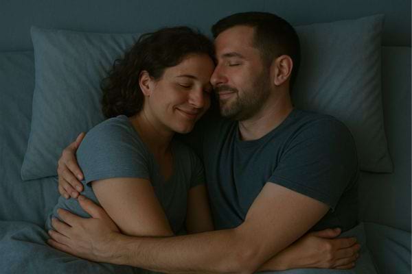 Le couple est enlacé, souriant, semblant apaisé et réconcilié.