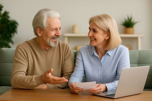 Couple souriant, visiblement soulagé après consultation.
