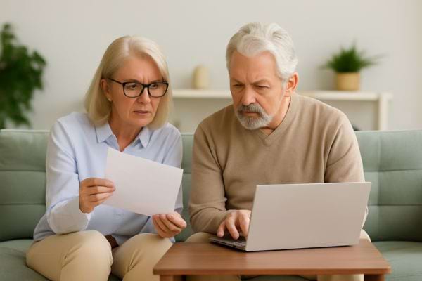 Couple de seniors inquiet en regardant un document.