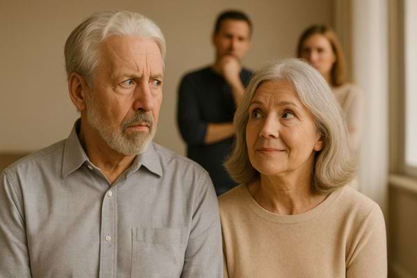Deux seniors font face à des proches, regards sérieux.