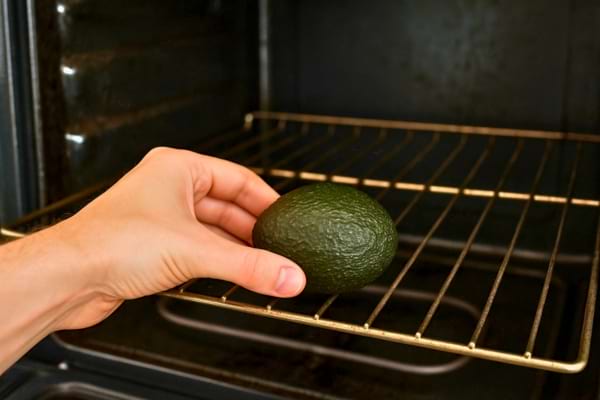 Main posant un avocat entier sur la grille d’un four.