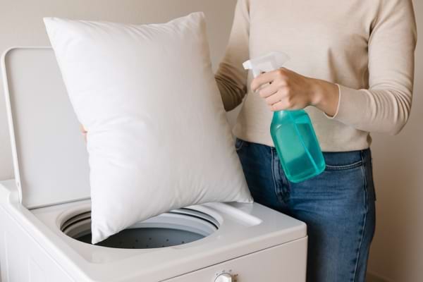 Une femme tient un oreiller et un spray nettoyant au-dessus d’une machine à laver.