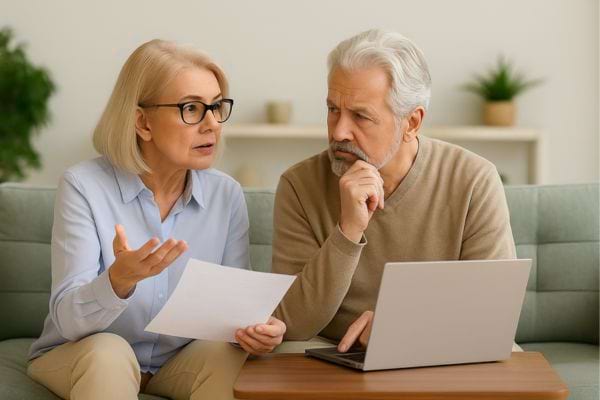 Couple discutant sérieusement à propos de la retraite.