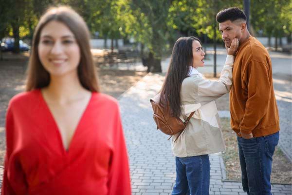 Une femme furieuse confronte un homme qui regardait une autre femme.