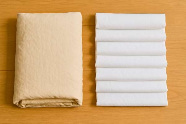 Deux piles de draps parfaitement pliés posées sur un sol en bois clair.