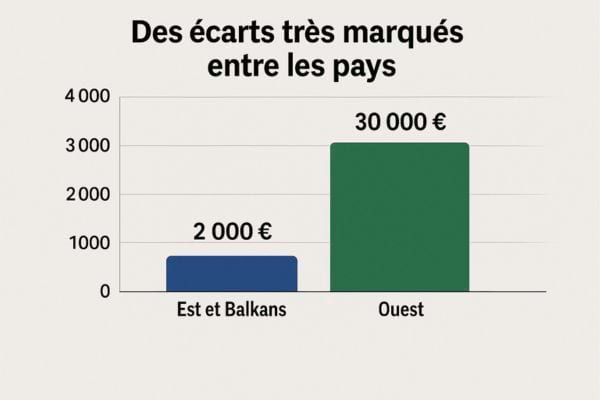 Graphique montrant un grand écart de pension entre l’Est (2 000 €) et l’Ouest (30 000 €).