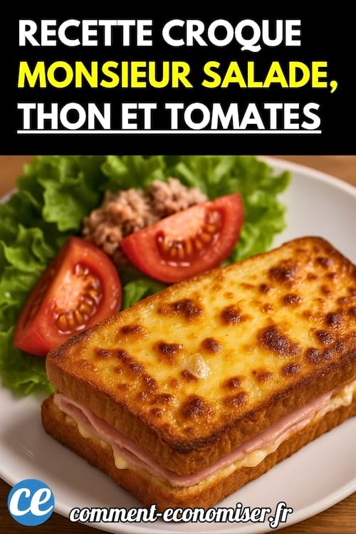 Une assiette contenant un croque-monsieur gratiné, de la salade verte, du thon et des tomates.