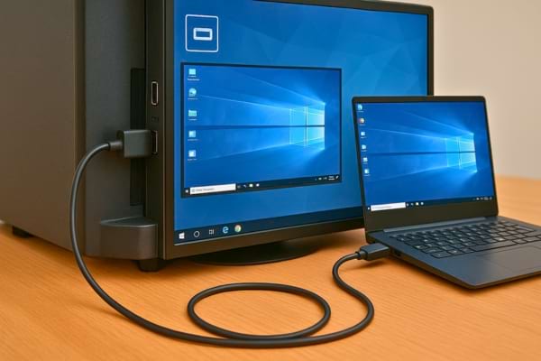 Un ordinateur portable est connecté à un écran externe via un câble USB-C.