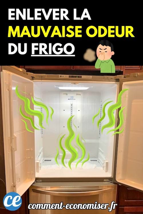 Réfrigérateur ouvert avec des émanations vertes illustrant une mauvaise odeur.