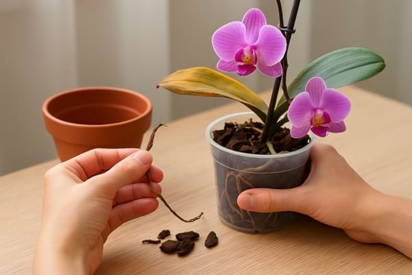 Une racine morte est retirée du pot d’une orchidée à fleurs roses.