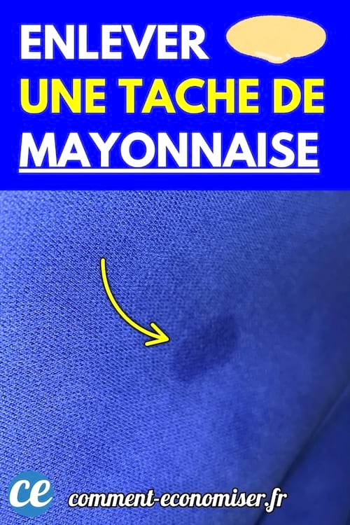 Une tache de mayonnaise sur un tissu bleu, entourée d'une flèche jaune.
