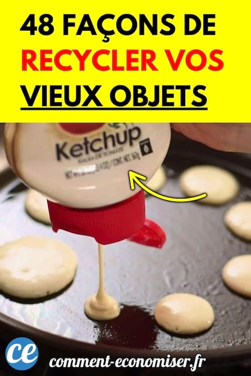 Une bouteille de ketchup détournée pour verser de la pâte à pancakes sur une plaque de cuisson.