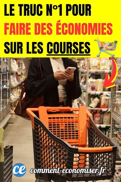 une femme fait les courses avec un chariot et consulte sa liste de courses sur son téléphone