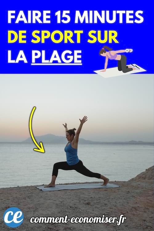Une femme en tenue de sport effectuant une fente sur un tapis de yoga face à la mer au coucher du soleil.