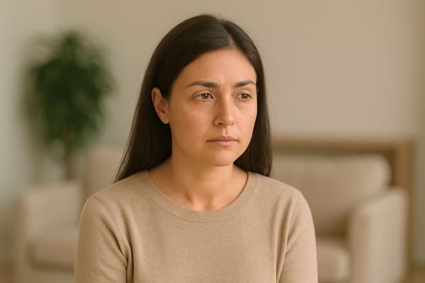 Femme distante au regard vide, assise en silence.