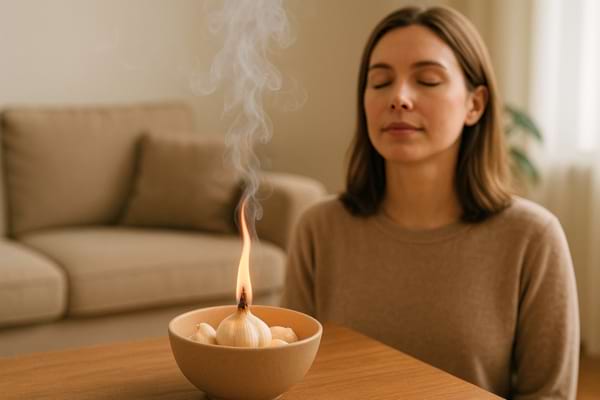 Une femme médite calmement devant un bol d’ail enflammé.
