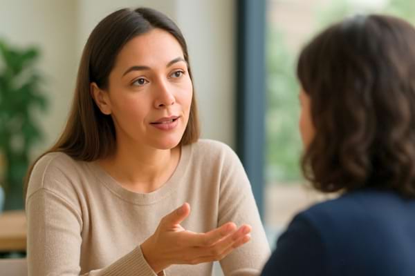 Femme qui parle avec assurance à une autre personne.