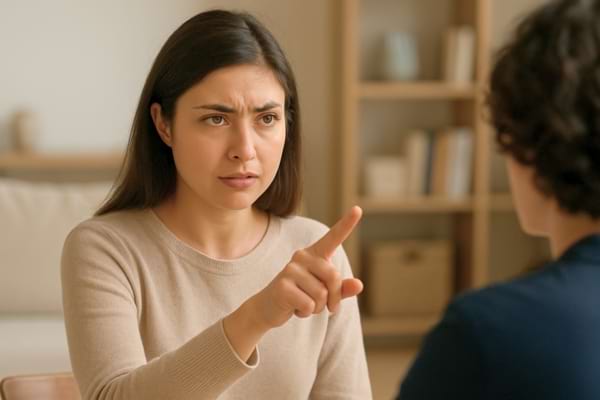 Femme en colère pointant du doigt, regard accusateur.
