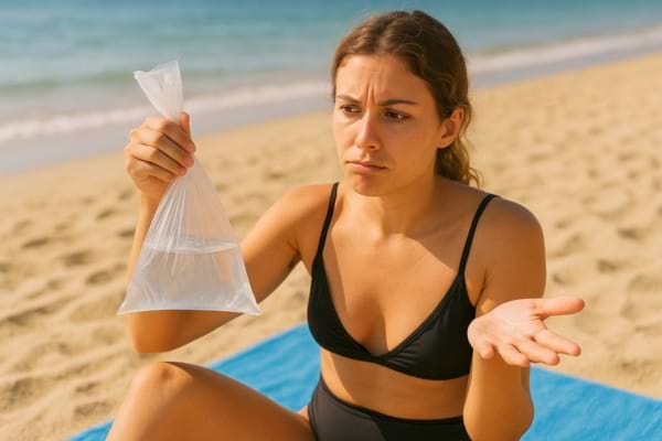 Même femme, expression dubitative, regarde à nouveau le sac d’eau sur la plage.