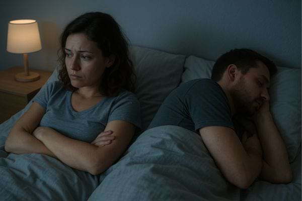 Une femme contrariée regarde au loin pendant que son partenaire dort, dos tourné.
