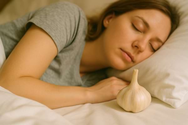 Elle dort profondément avec l’ail placé près de son visage sur le lit.