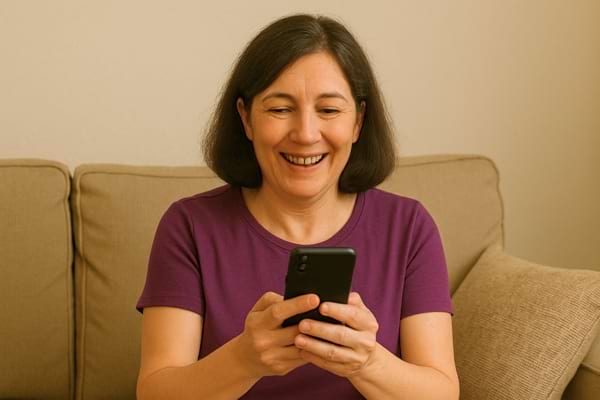Une femme sourit en lisant un message sur son téléphone.