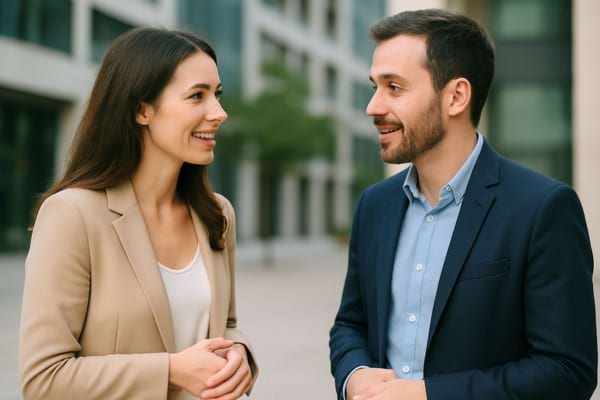 Le duo échange un sourire lors d’une conversation détendue en extérieur.