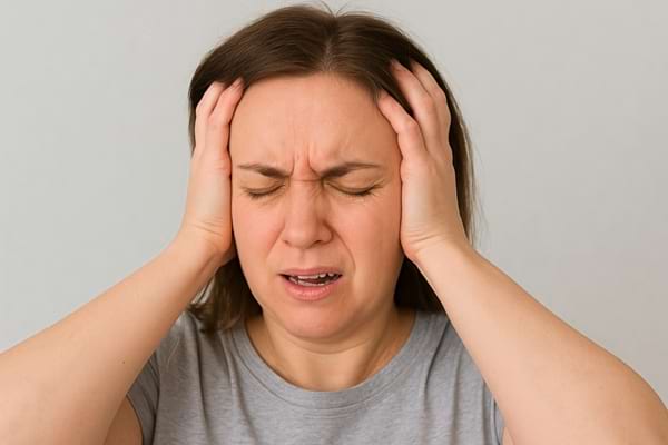Une femme souffre d'un mal de tête intense, les mains sur la tête.