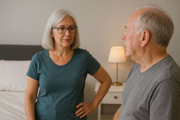 La femme le confronte, debout, mains sur les hanches.
