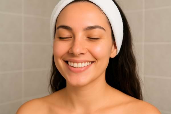 Une femme sourit les yeux fermés, peau nue, bandeau blanc sur la tête.