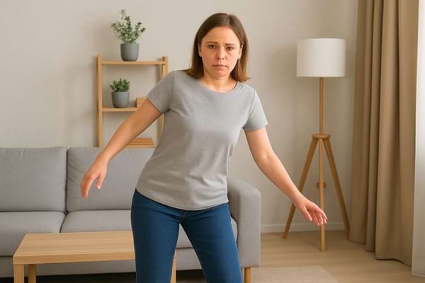 Une femme perd l'équilibre dans un salon, bras écartés.