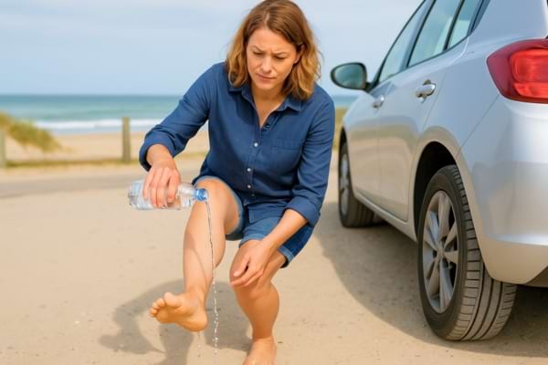 Une femme verse de l’eau sur ses pieds sablonneux près d’une voiture, sur une plage.