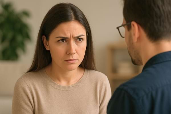 Femme méfiante qui fronce les sourcils face à un homme.