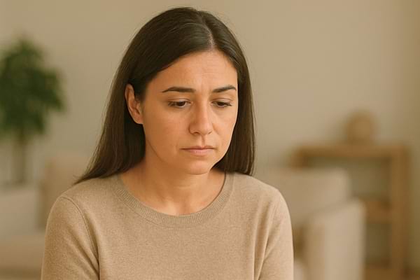 Femme pensive au regard triste, assise dans une pièce lumineuse.
