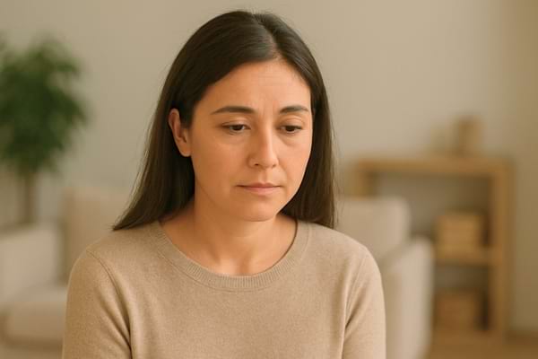 Femme au regard baissé, l’air préoccupé dans un salon.