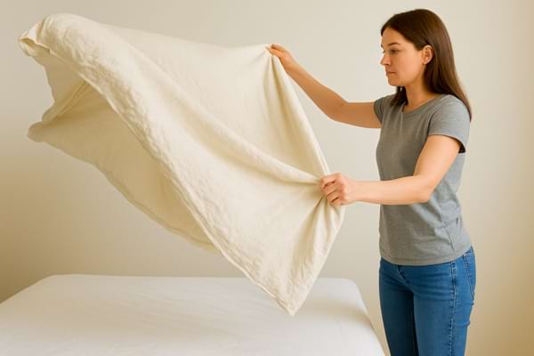 Une femme secoue un drap housse blanc au-dessus d’un lit pour le mettre en place correctement.