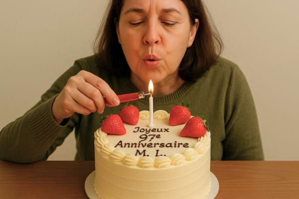 La femme souffle une bougie sur un gâteau d’anniversaire.