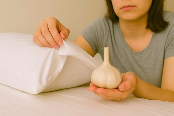Une femme soulève son oreiller pour y glisser une tête d’ail, concentrée sur le geste.