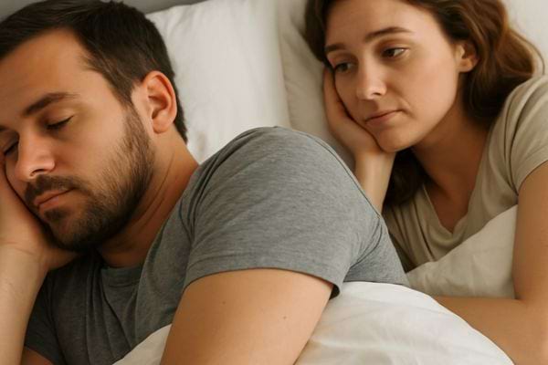 Une femme regarde tristement son partenaire endormi, visiblement préoccupée.