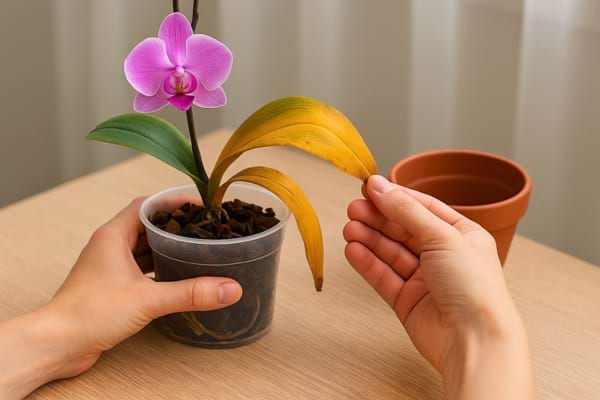 Une main montre une grande feuille jaune flétrie sur une orchidée.