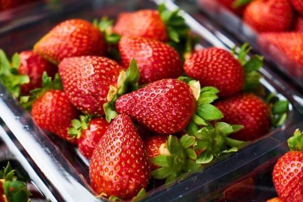 Une barquette de fraises fraîches bien rouges.