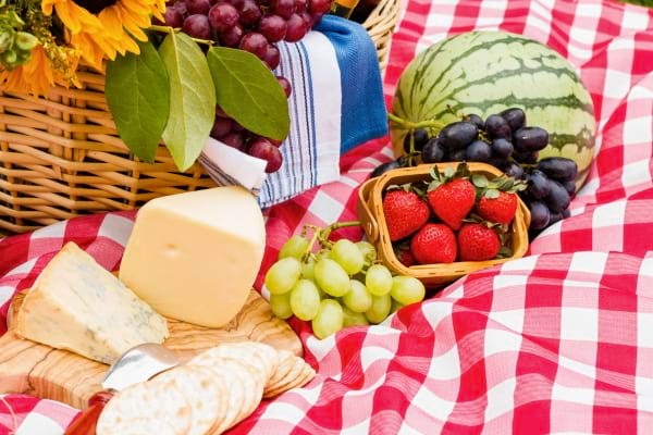 Pique-nique coloré sur une nappe à carreaux rouges avec fruits, fromages, biscuits et panier en osier.
