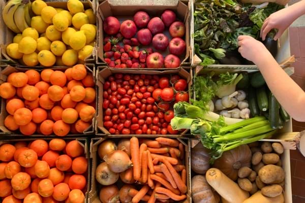 Bacs remplis de fruits et légumes colorés bien alignés sur un étal.