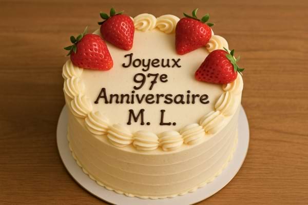 Un gâteau d’anniversaire avec fraises et message est posé sur la table.