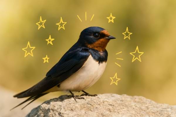 Une hirondelle posée sur un rocher, entourée d’étoiles jaunes.